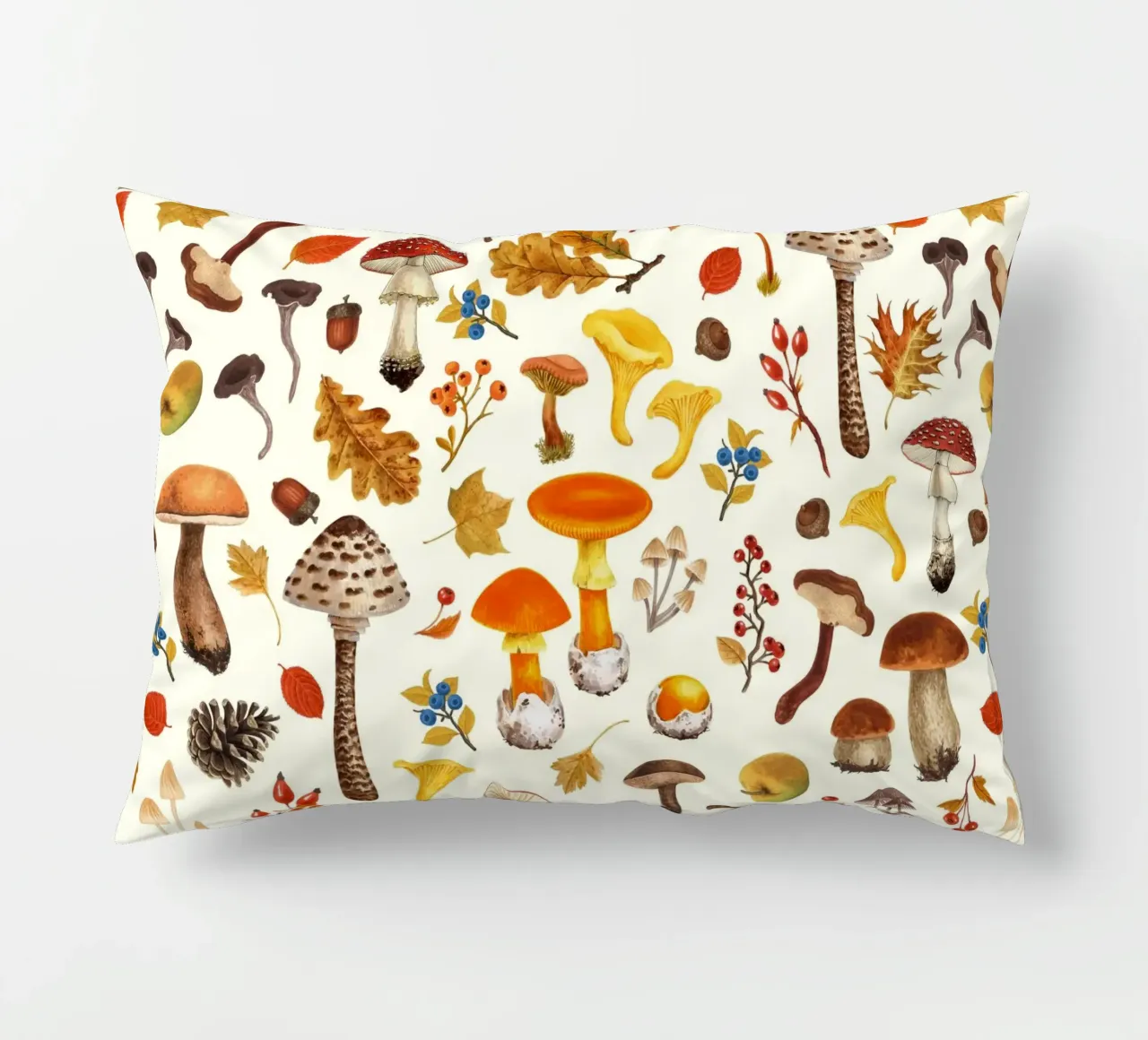 Wild mushrooms on off white decorative cushion by Painted Nature