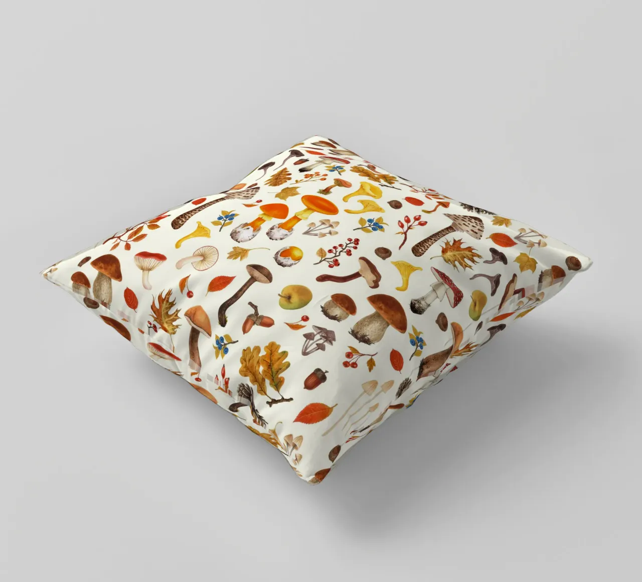 Wild mushrooms on off white decorative cushion by Painted Nature