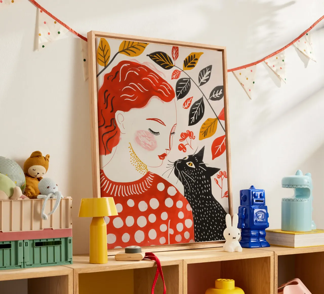 Roodharig meisje met zwarte kat | Kunstdruk canvas met Baklijst van Autofocus
