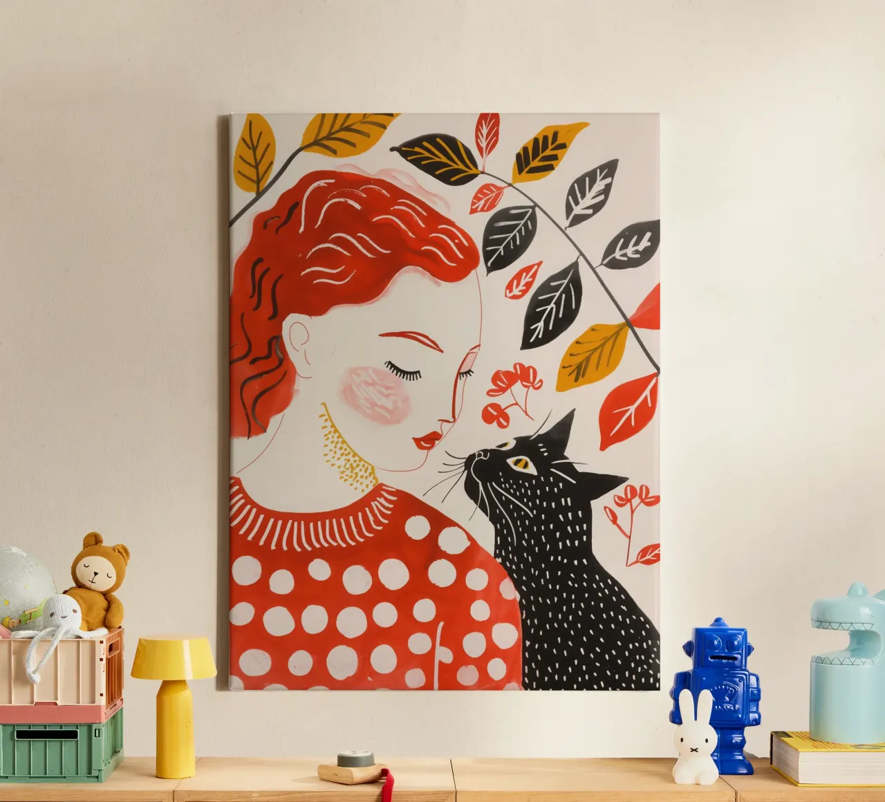 Roodharig meisje met zwarte kat | Kunstdruk canvas met Baklijst van Autofocus