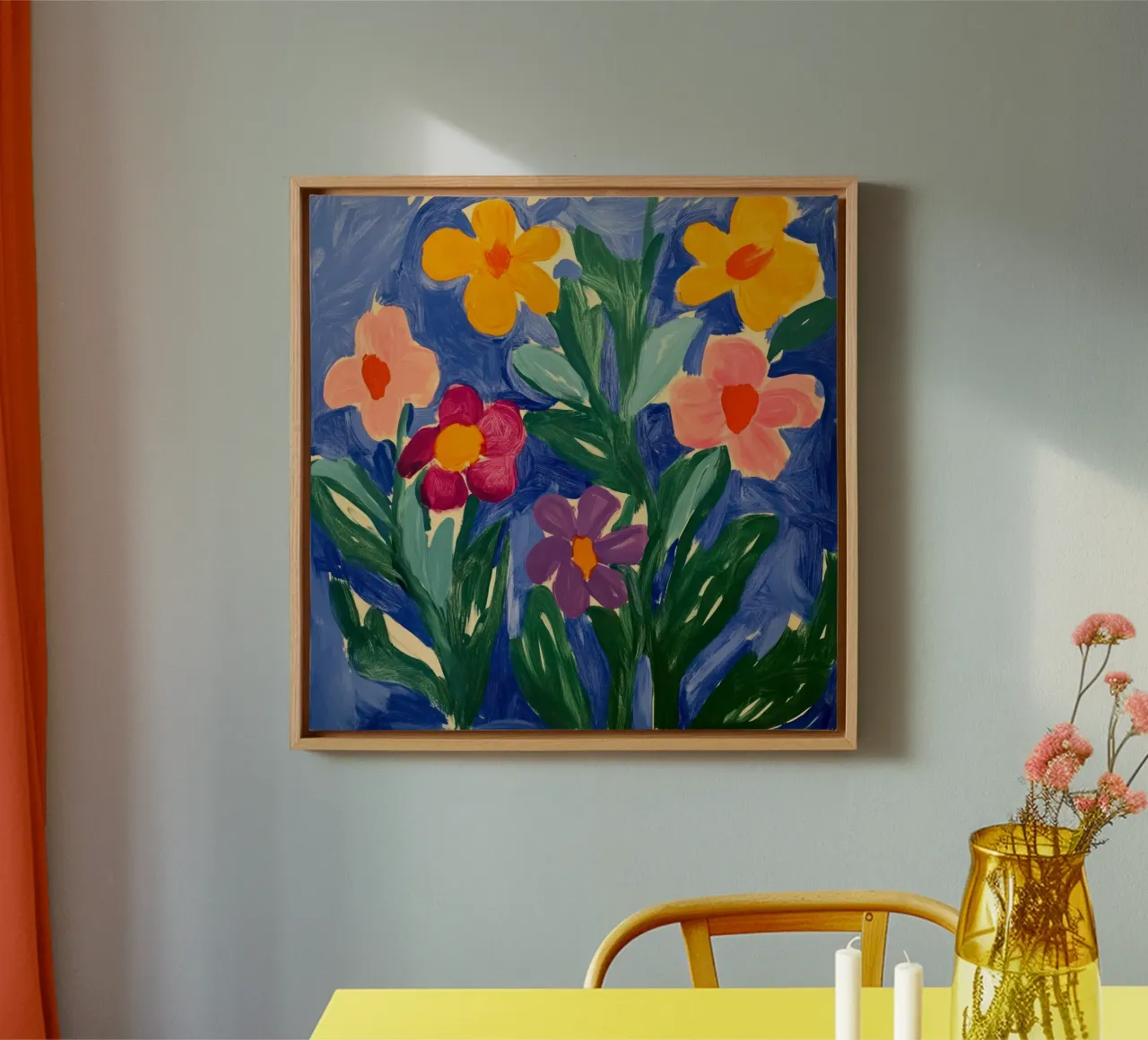 Levendige bloemen: Een grillige bloementuin dansend op blauw canvas met Baklijst van Modern Muse