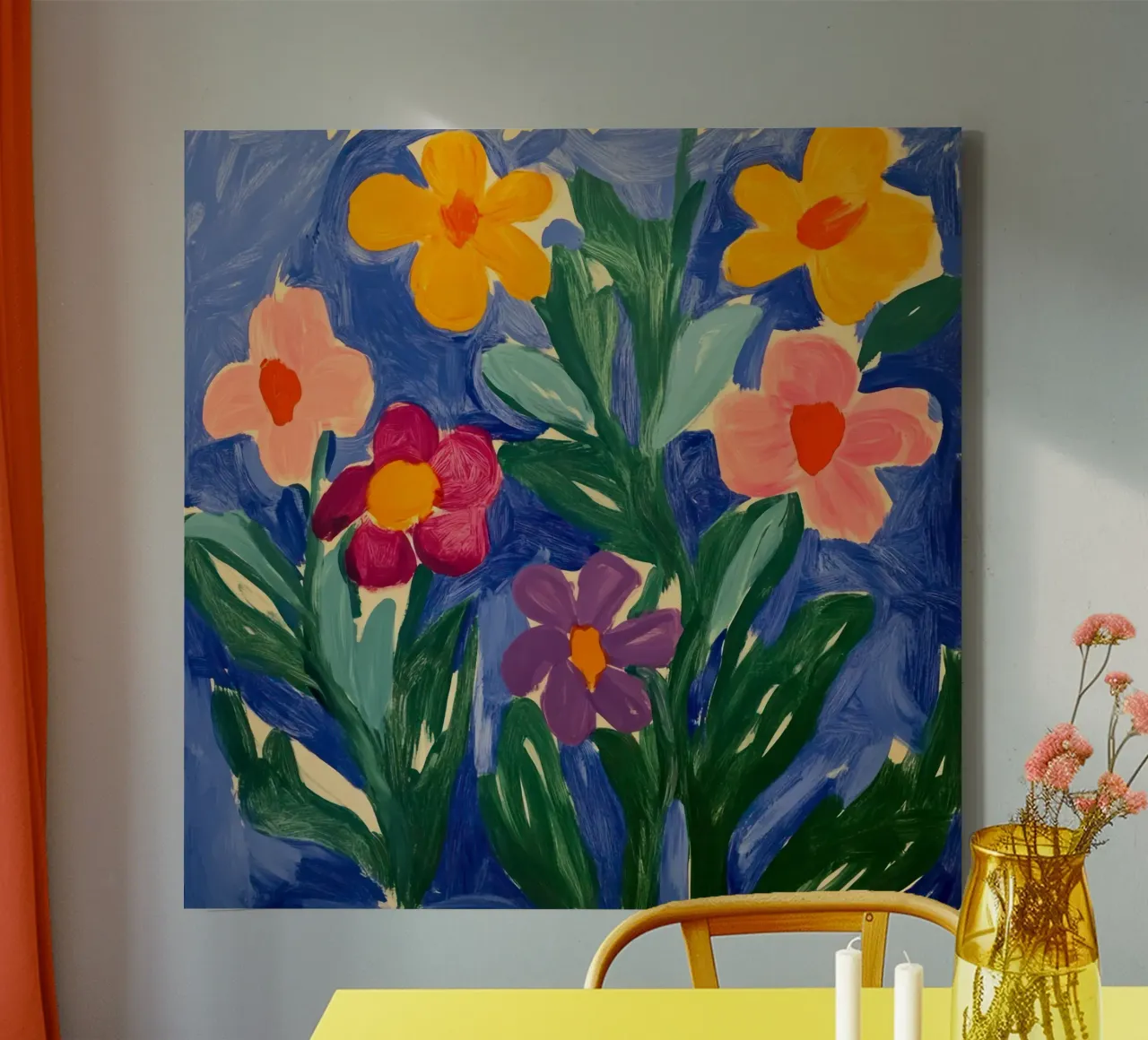Levendige bloemen: Een grillige bloementuin dansend op blauw canvas met Baklijst van Modern Muse