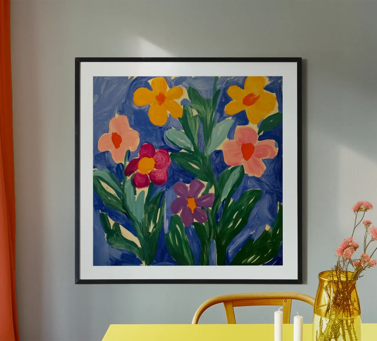 Levendige bloemen: Een grillige bloementuin dansend op blauw poster van Modern Muse