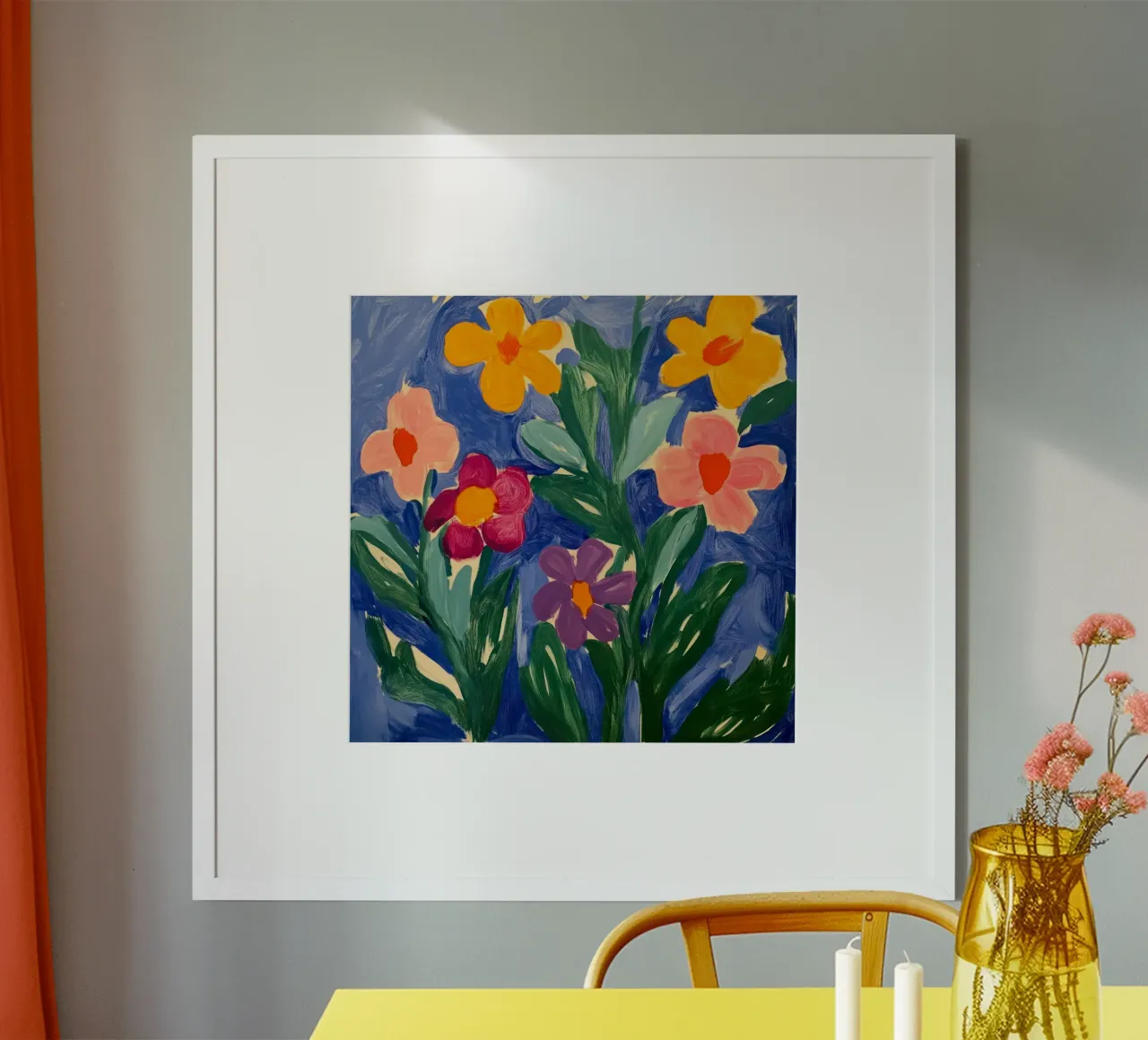 Levendige bloemen: Een grillige bloementuin dansend op blauw poster van Modern Muse