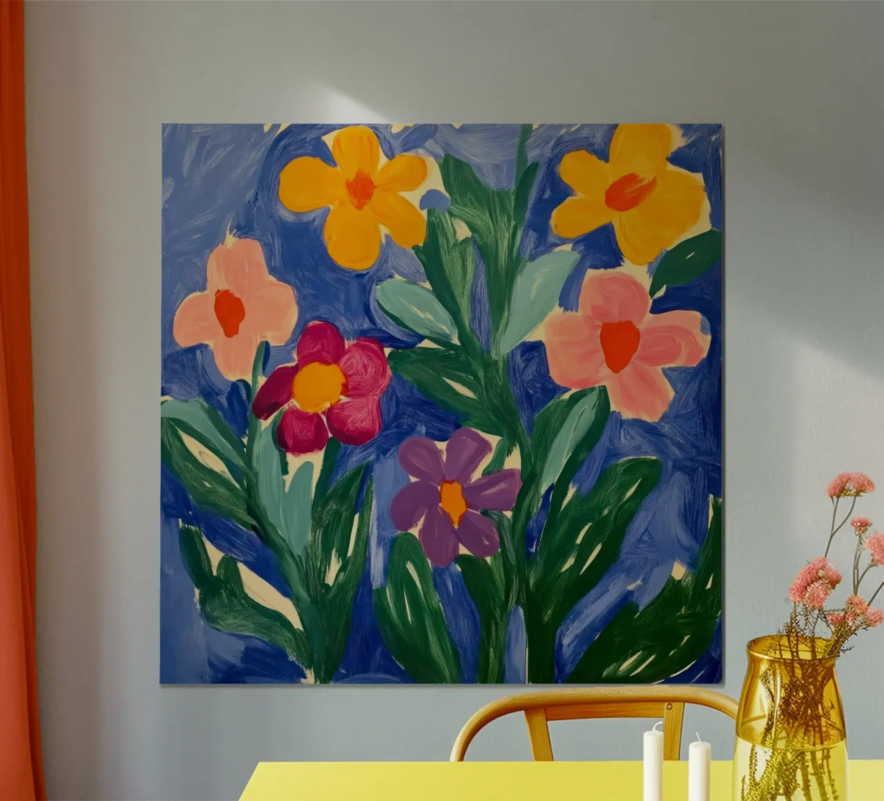 Levendige bloemen: Een grillige bloementuin dansend op blauw poster van Modern Muse