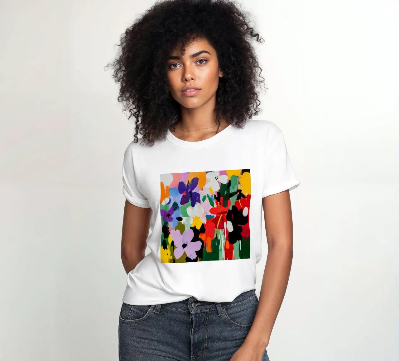 Gedurfd en kleurrijk abstract bloemenschilderij in Matisse-stijl dames t-shirt getailleerd van Modern Muse