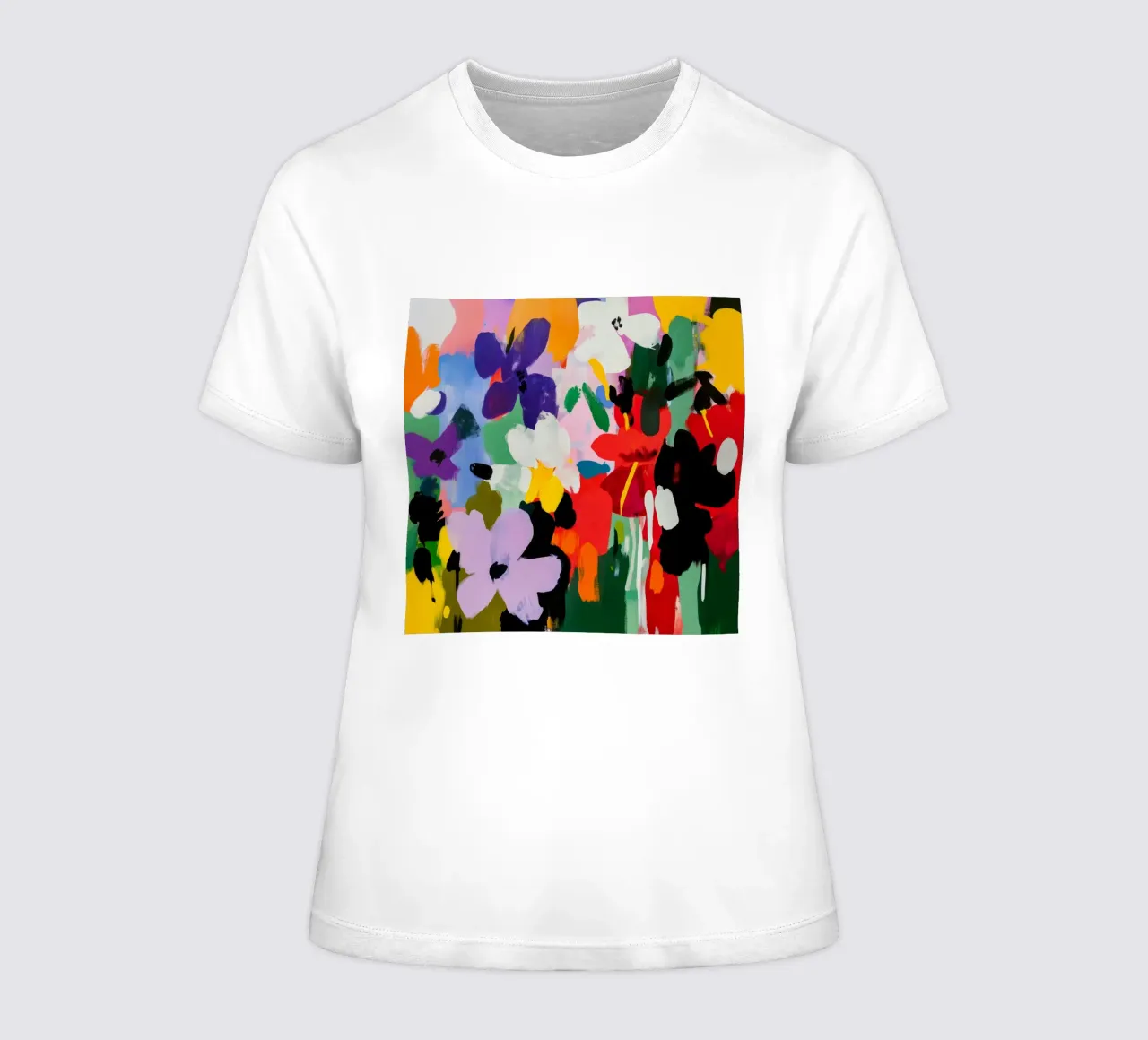 Gedurfd en kleurrijk abstract bloemenschilderij in Matisse-stijl dames t-shirt getailleerd van Modern Muse