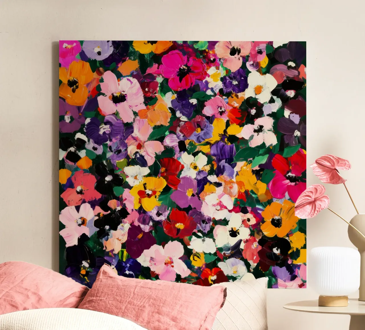 Vivace e audace dipinto floreale astratto di fiori colorati tela con Cornice a cassetta da Modern Muse
