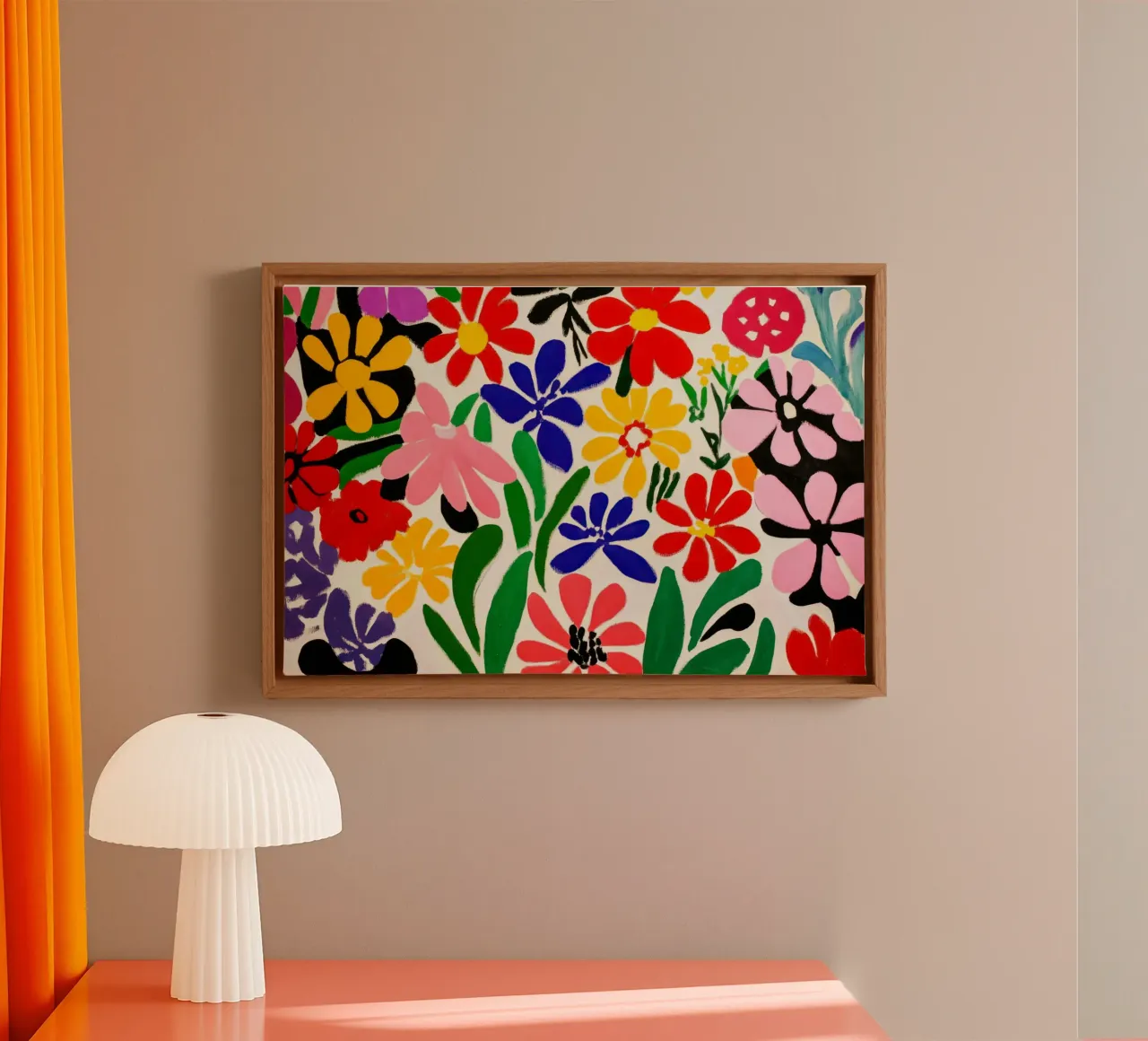 Giardino floreale di ispirazione matissiana con forme e colori audaci tela con Cornice a cassetta da Modern Muse