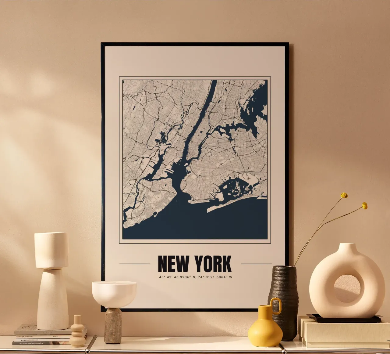 Mappa minimalista di New York - Elegante decorazione murale poster con telaio in alluminio da Ben & Clo creations
