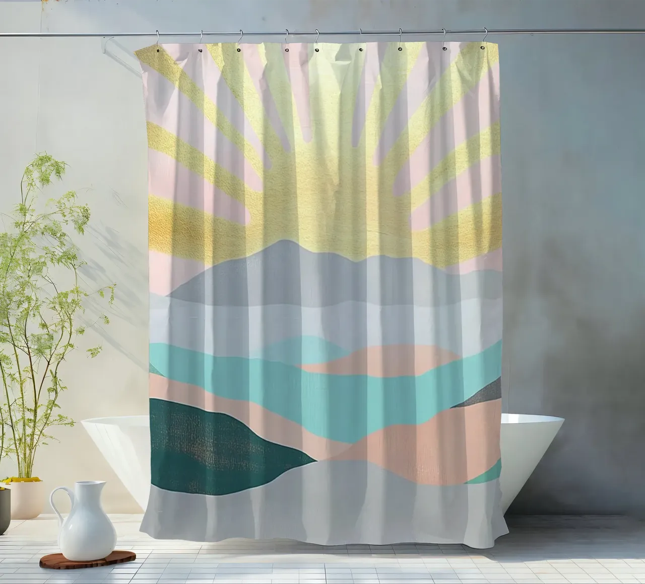 The Sun’s Path to Serenity shower curtain by Niklas