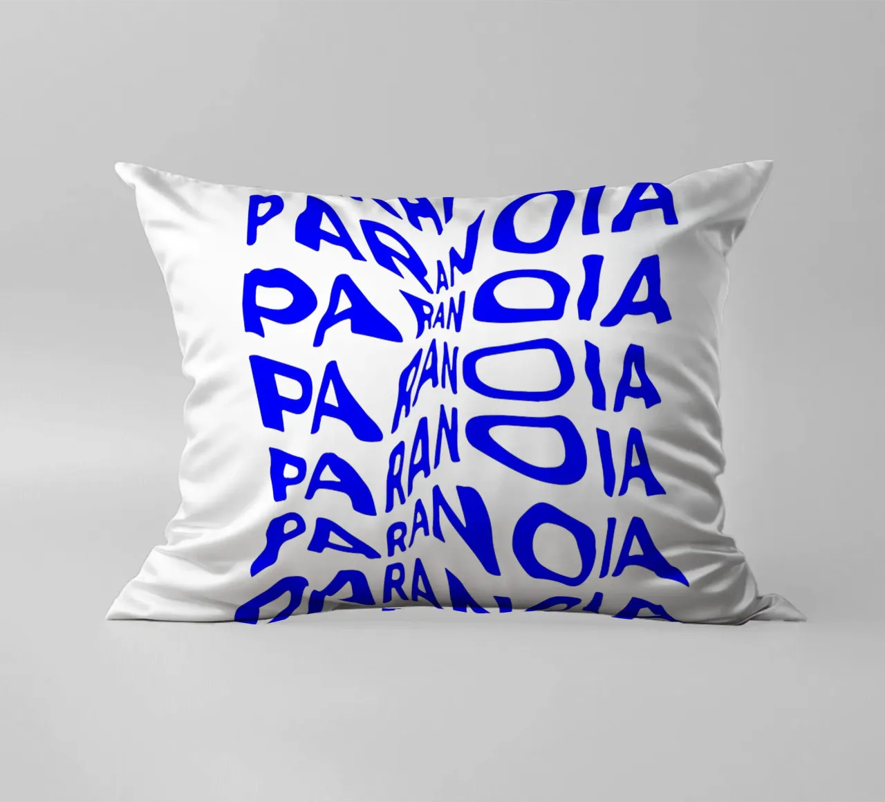 paranoia, optical illusion of liquid typography, statement l decorative cushion by The True Type