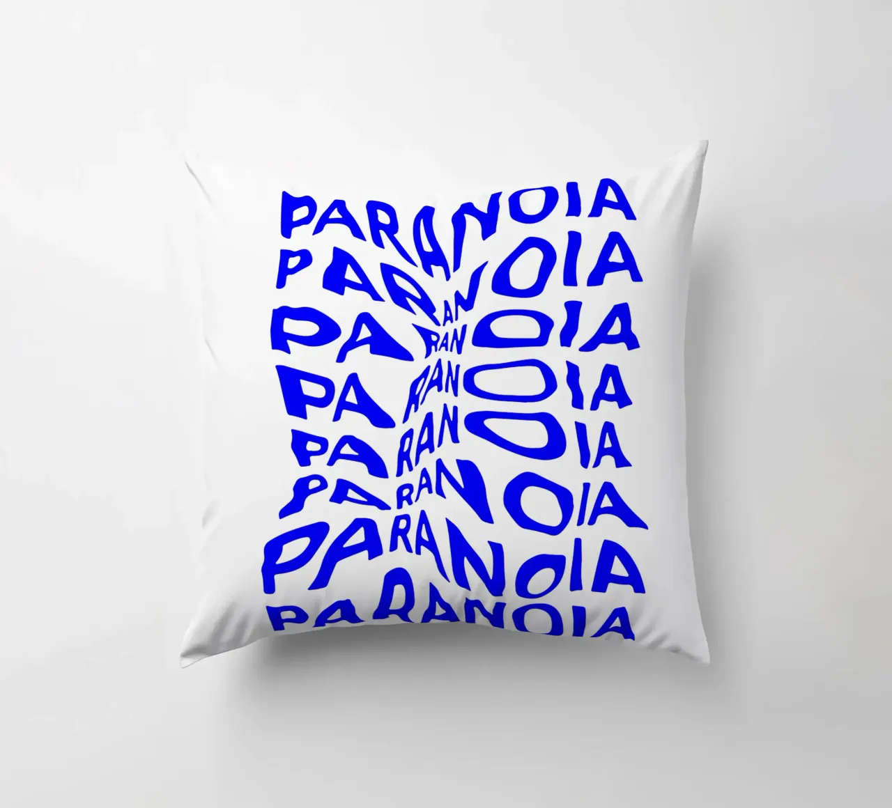 paranoia, optical illusion of liquid typography, statement l decorative cushion by The True Type