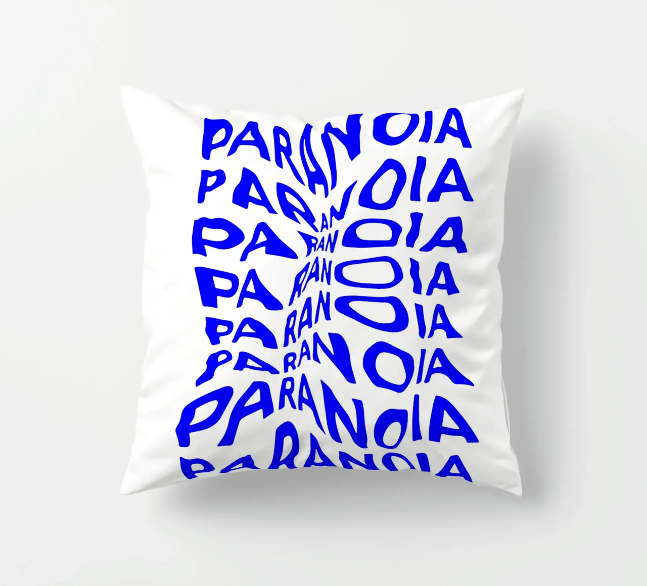 paranoia, optical illusion of liquid typography, statement l decorative cushion by The True Type