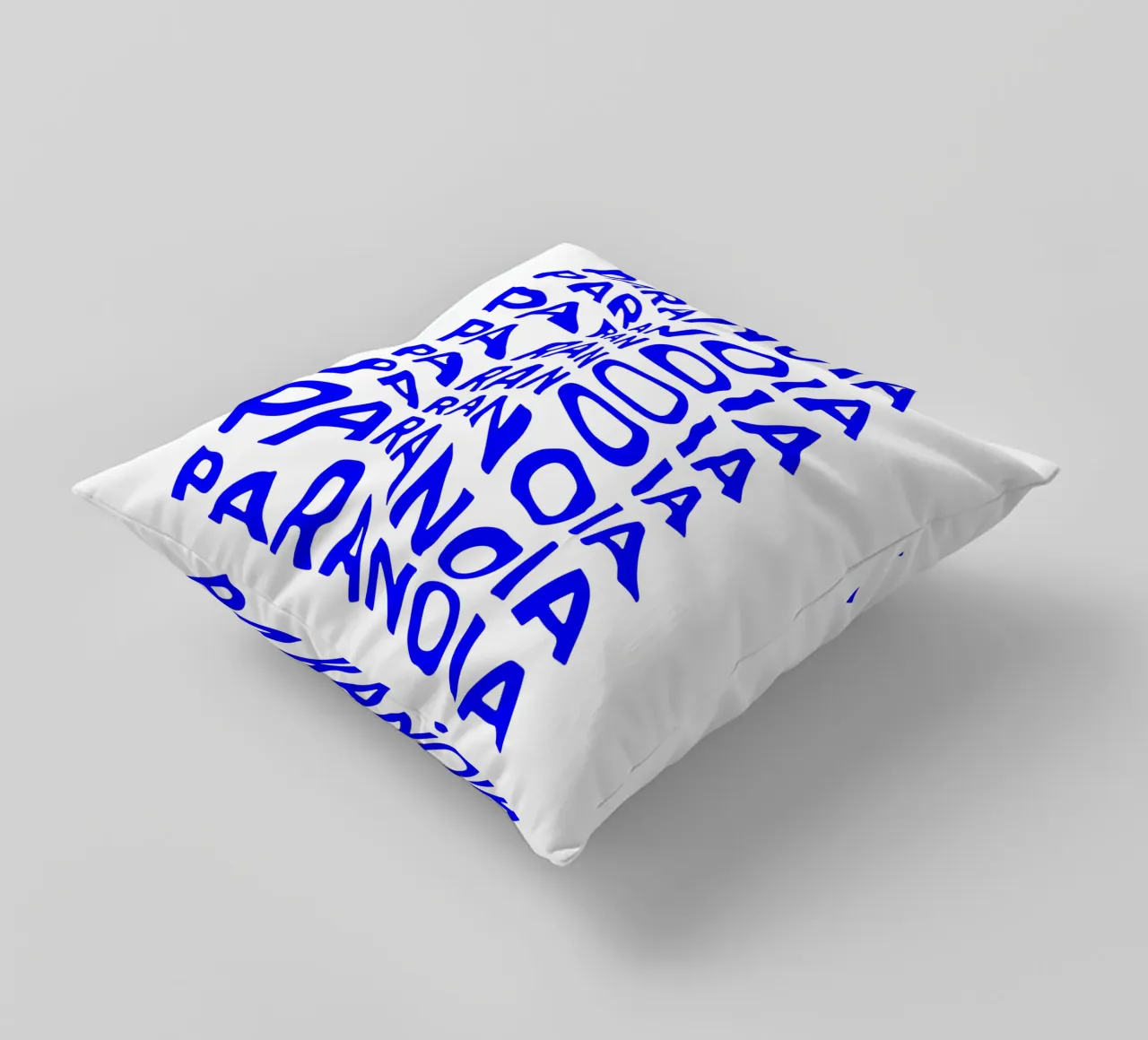 paranoia, optical illusion of liquid typography, statement l decorative cushion by The True Type