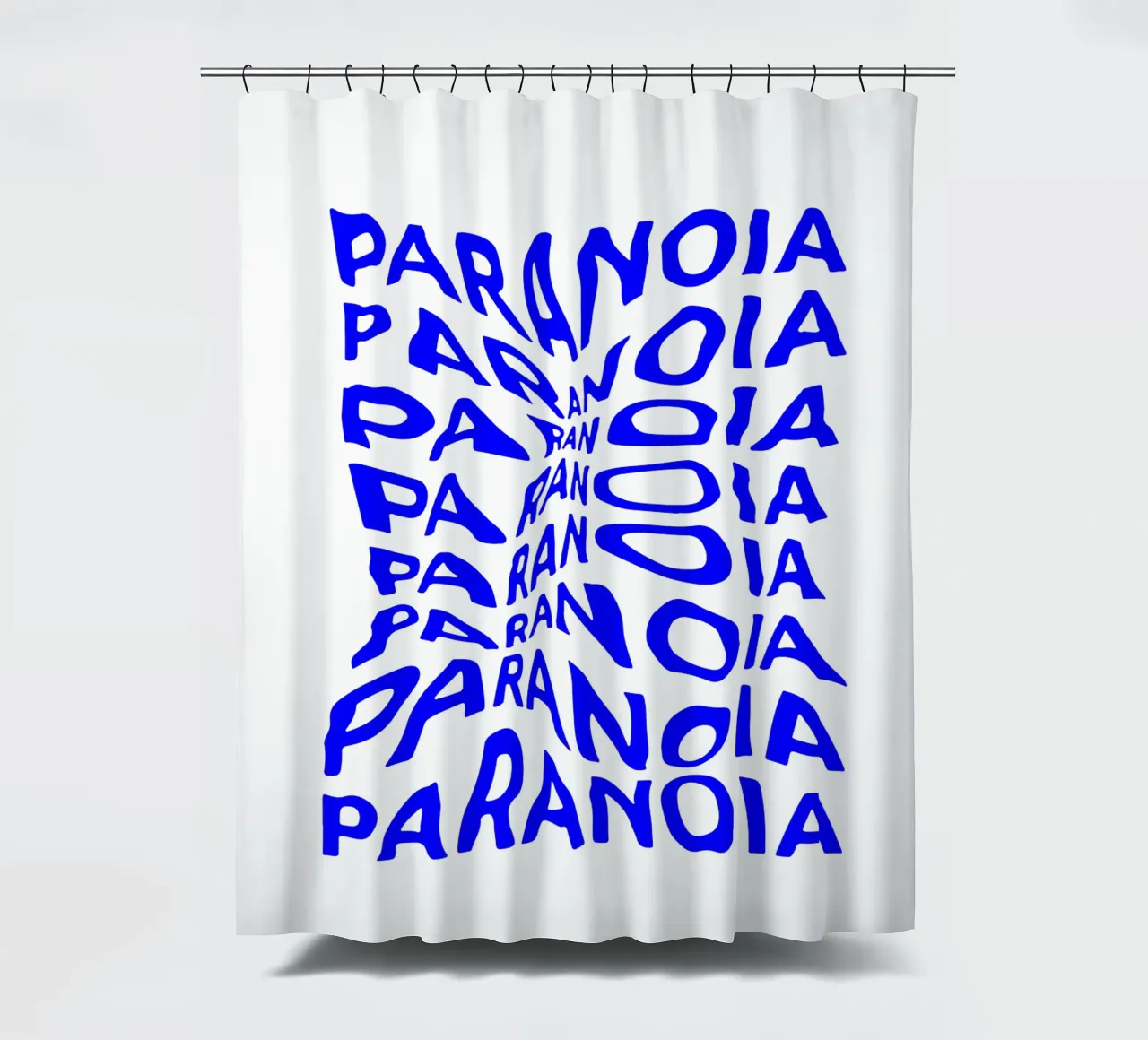 paranoia, optical illusion of liquid typography, statement l shower curtain by The True Type