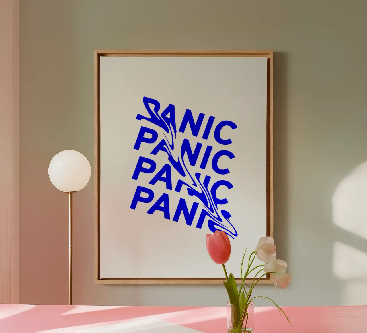 panic, optical illusion of liquid typography, statement lett canvas with Floater frame by The True Type