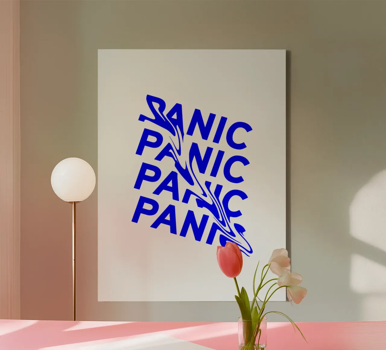 panic, optical illusion of liquid typography, statement lett canvas with Floater frame by The True Type