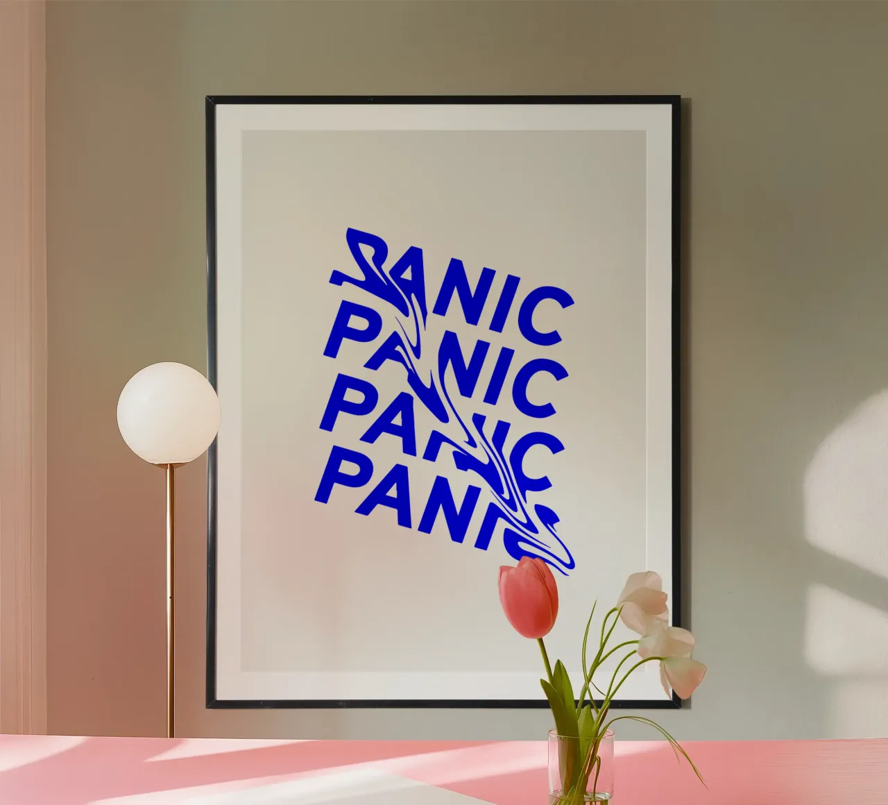 panic, optical illusion of liquid typography, statement lett poster with wooden frame by The True Type