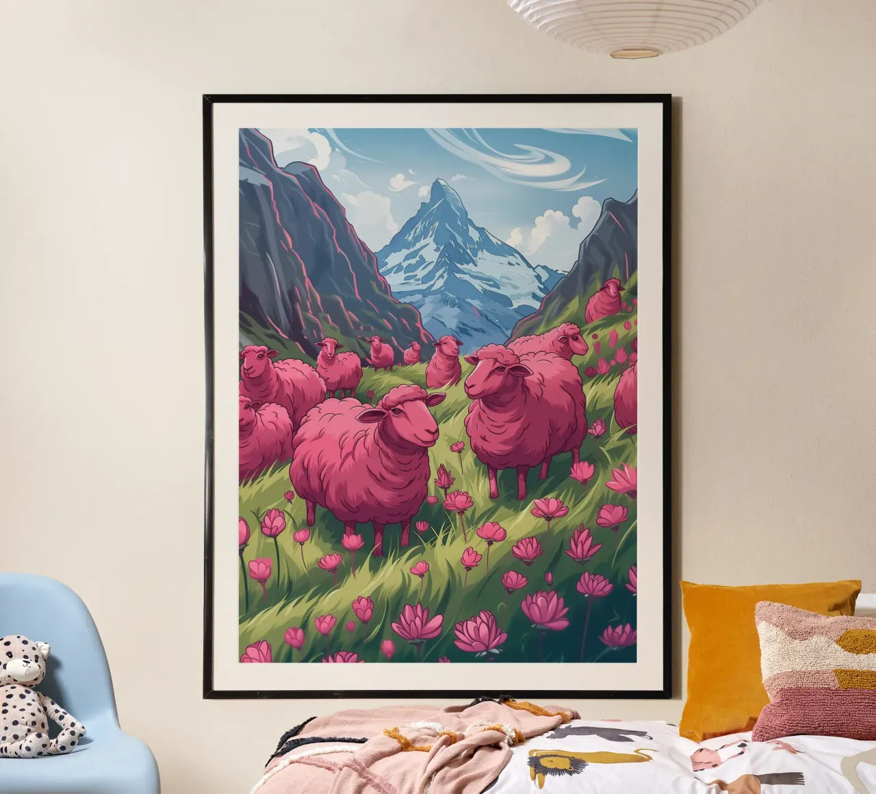 Pink Sheeps in Swiss Mountains poster by Autofocus