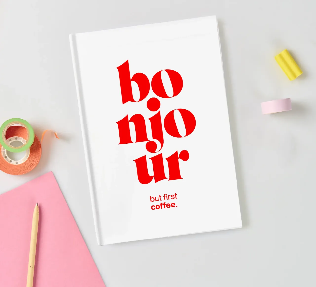 bonjour statement print: but first coffee. notebook by The True Type