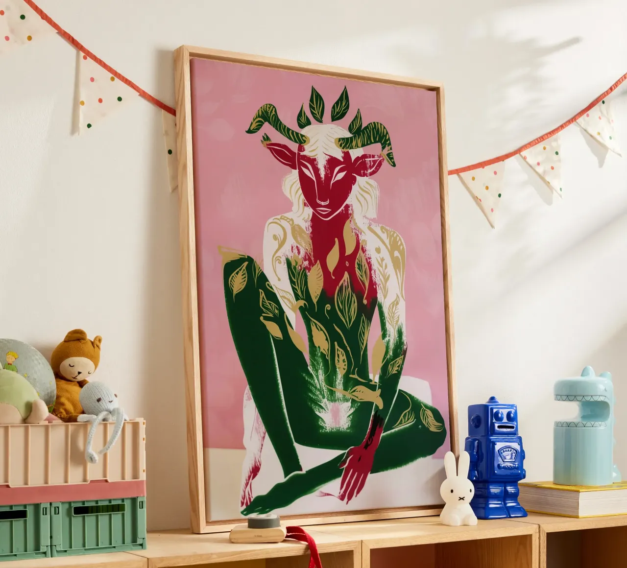 Ritratto decorativo di un fauno in rosa crepuscolare, verde e oro tela con Cornice a cassetta da Autofocus