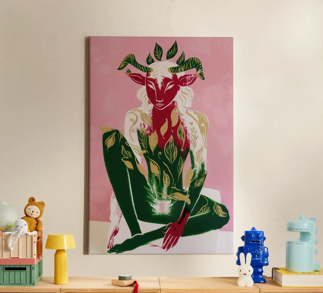 Ritratto decorativo di un fauno in rosa crepuscolare, verde e oro tela con Cornice a cassetta da Autofocus