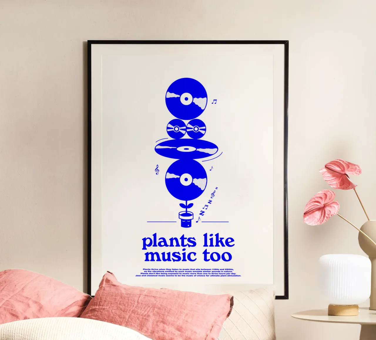 plants like music too, funky illustration of vinyl record pl poster with plastic frame by The True Type