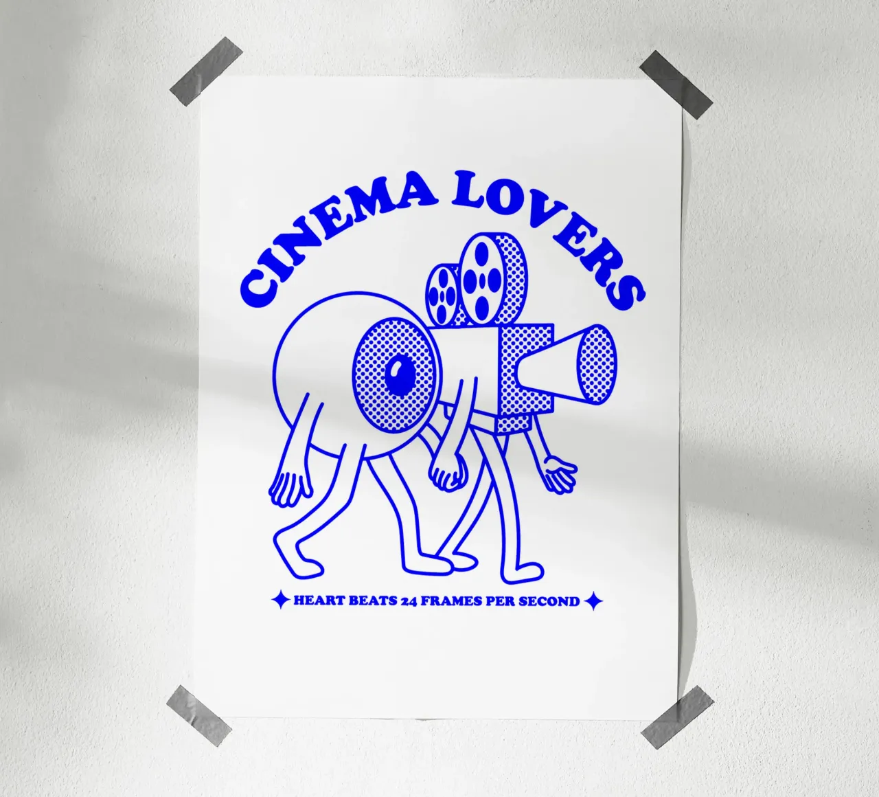 cinema lovers, funky illustration of eyeball and film camera poster with plastic frame by The True Type