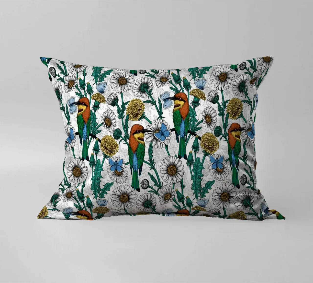 Katerina Kirilova - Bee eaters and Bee Lovers White decorative cushion by The Artcircle