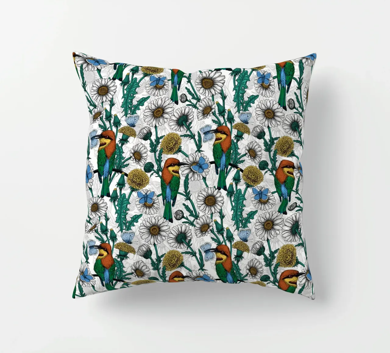 Katerina Kirilova - Bee eaters and Bee Lovers White decorative cushion by The Artcircle