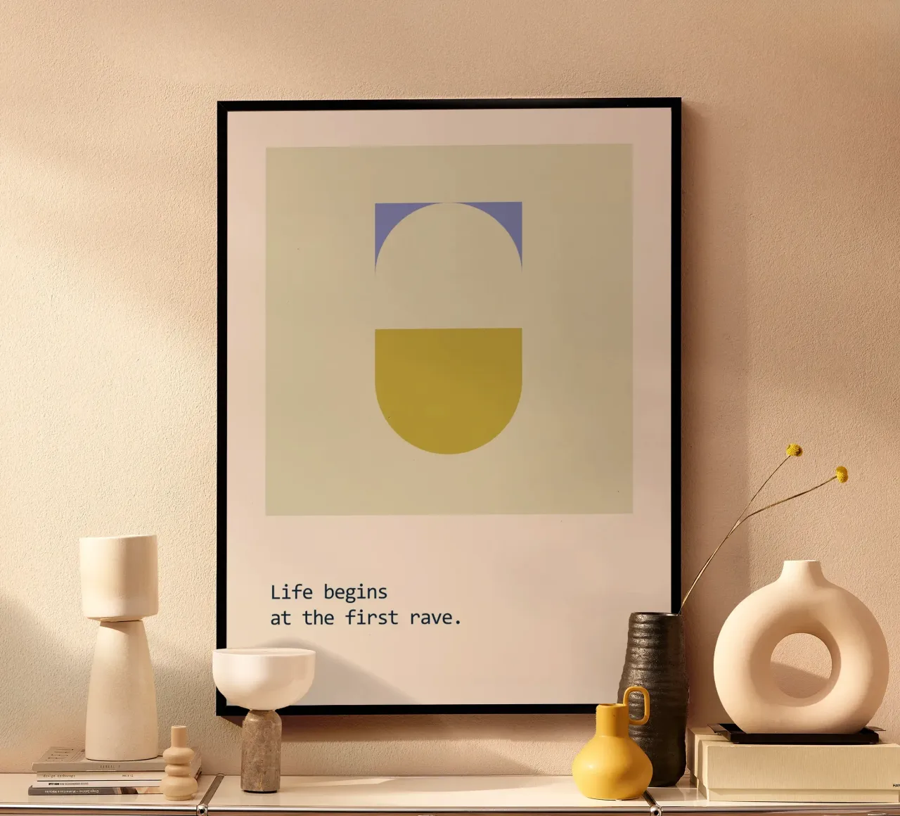 La vita inizia al primo rave poster con telaio in legno da B Art