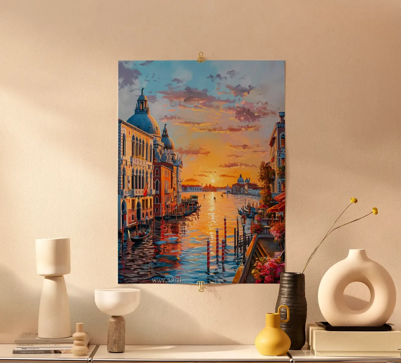 Venice Canal at Sunset poster with aluminum frame by Artsy Bessy