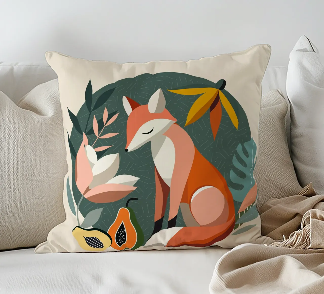 Fox motif with tropical flowers and fruit decorative cushion by namosh
