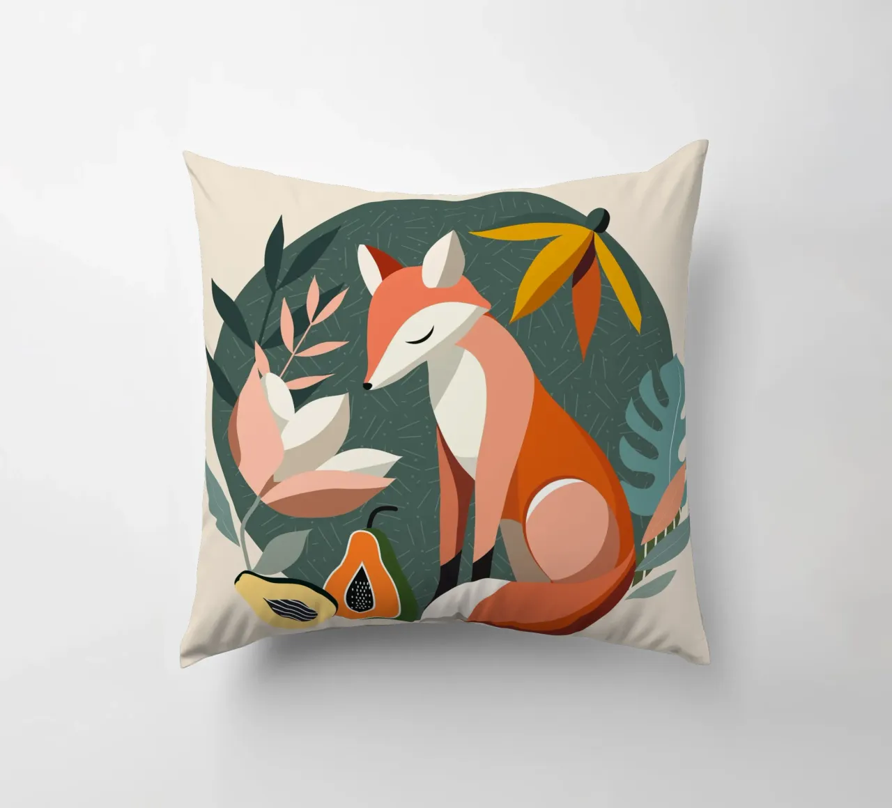 Fox motif with tropical flowers and fruit decorative cushion by namosh
