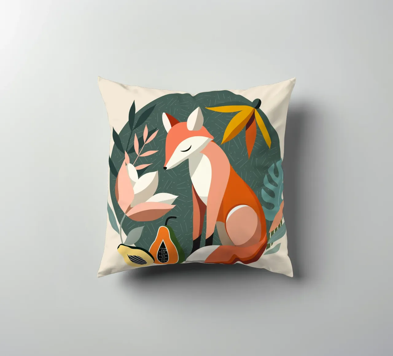 Fox motif with tropical flowers and fruit decorative cushion by namosh