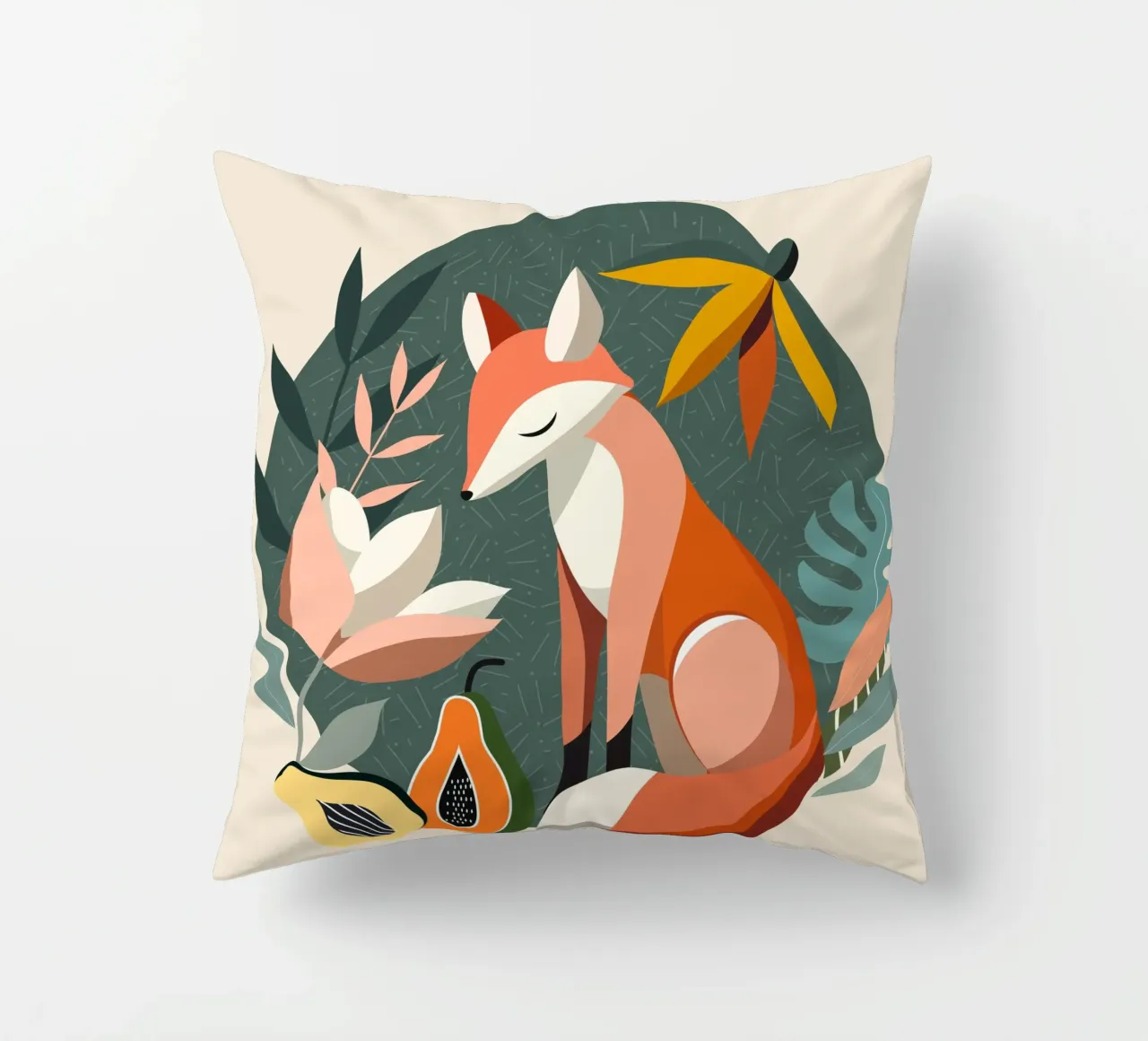 Fox motif with tropical flowers and fruit decorative cushion by namosh