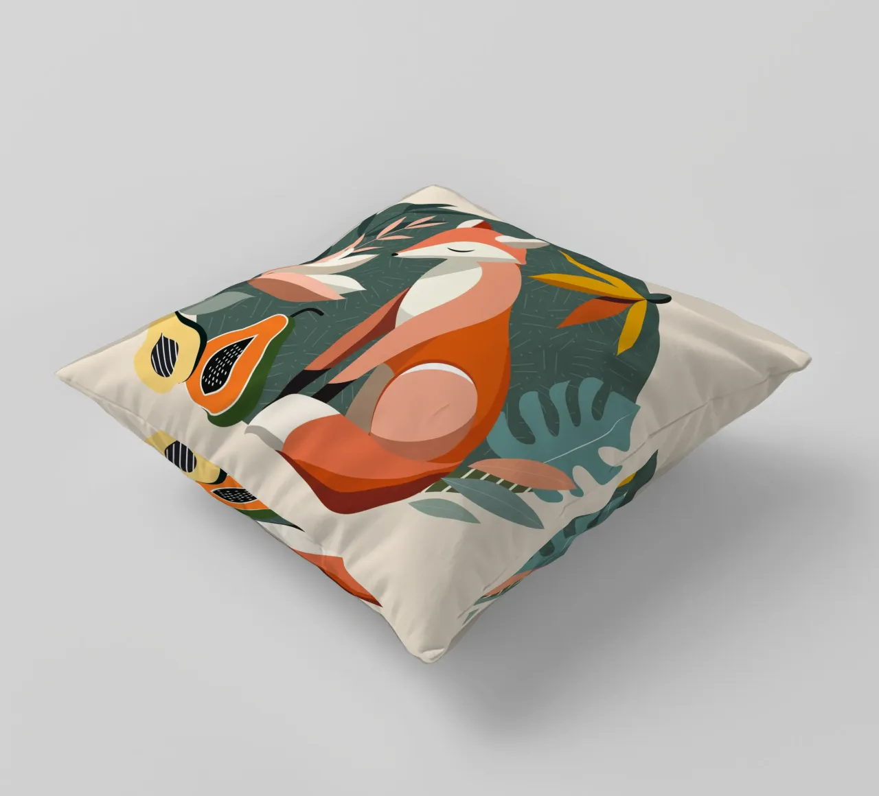 Fox motif with tropical flowers and fruit decorative cushion by namosh
