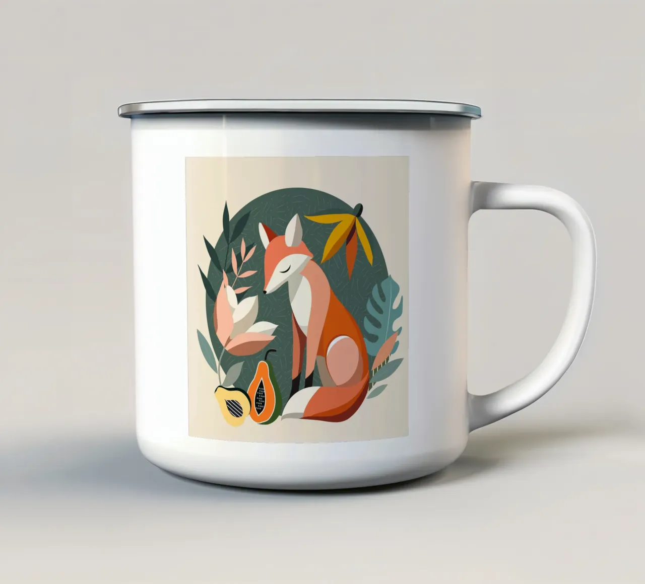 Motivo a volpe con fiori e frutti tropicali tazza in smalto da namosh