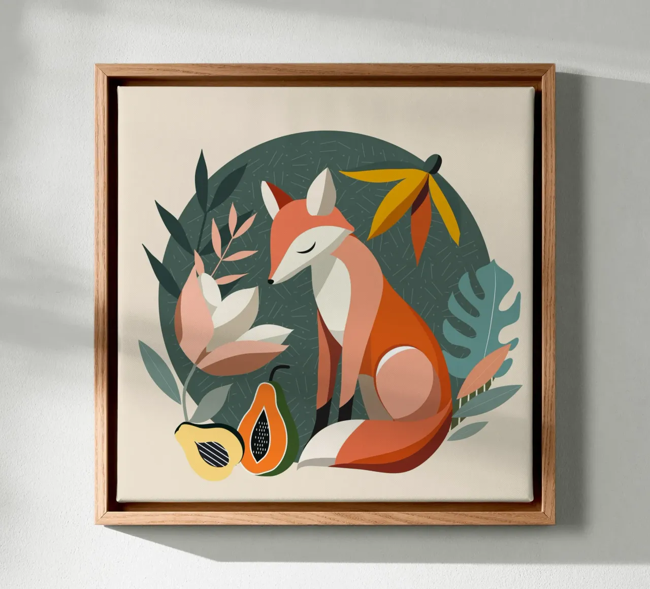 Fox motif with tropical flowers and fruit canvas with Floater frame by namosh