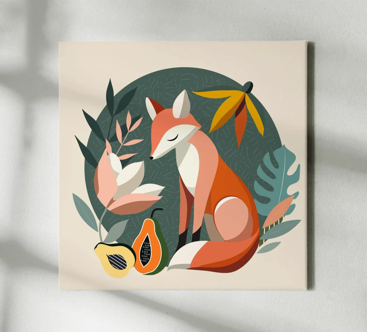 Fox motif with tropical flowers and fruit canvas with Floater frame by namosh