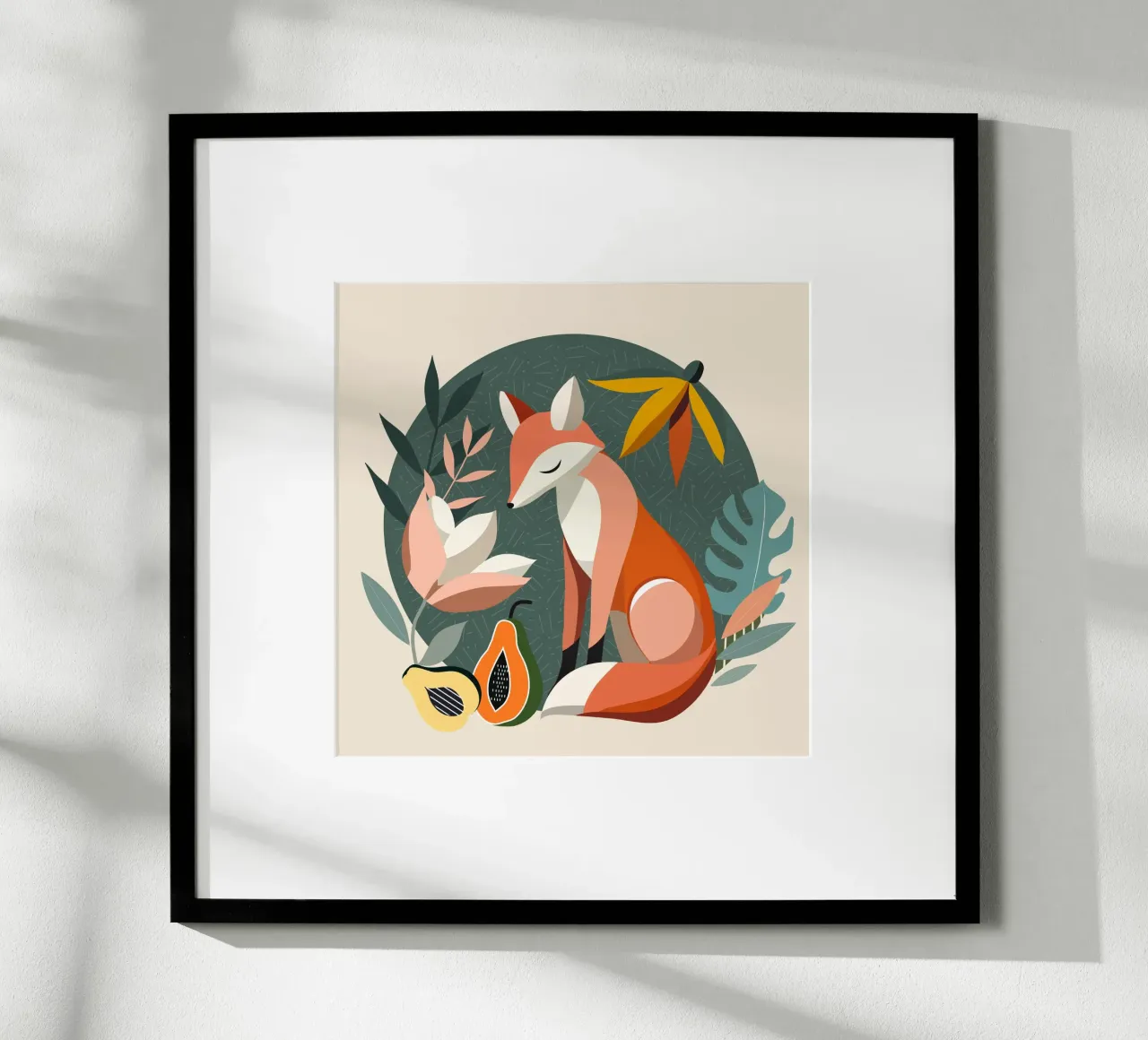 Motivo a volpe con fiori e frutti tropicali poster con telaio in legno da namosh
