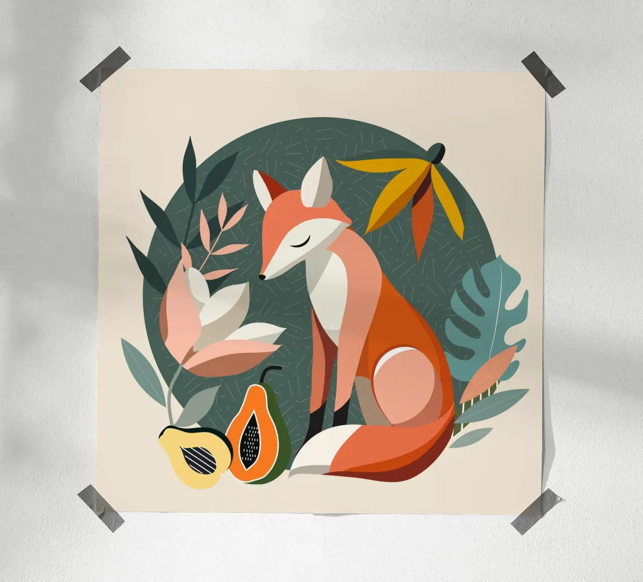 Motivo a volpe con fiori e frutti tropicali poster con telaio in legno da namosh