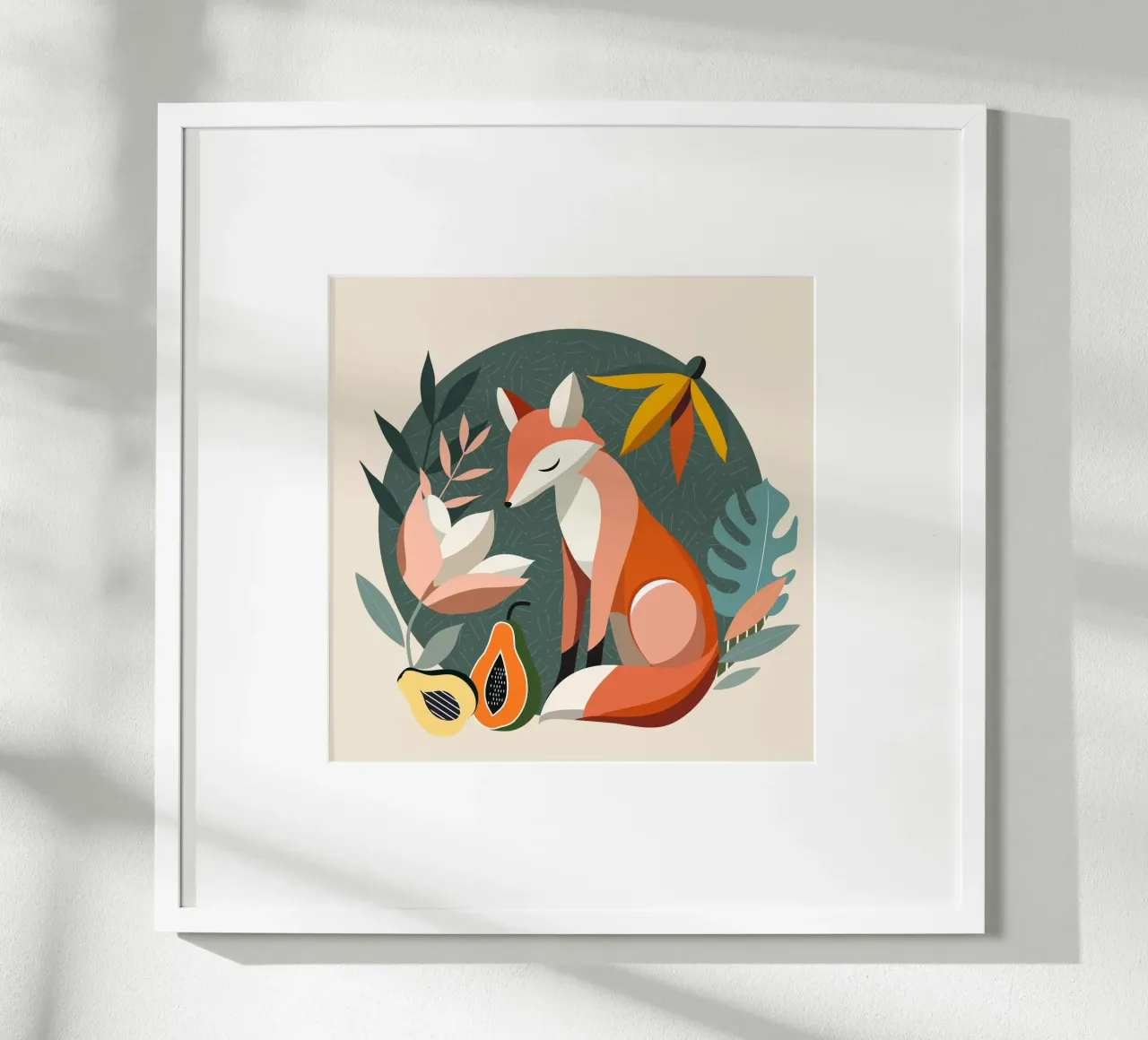 Motivo a volpe con fiori e frutti tropicali poster con telaio in legno da namosh