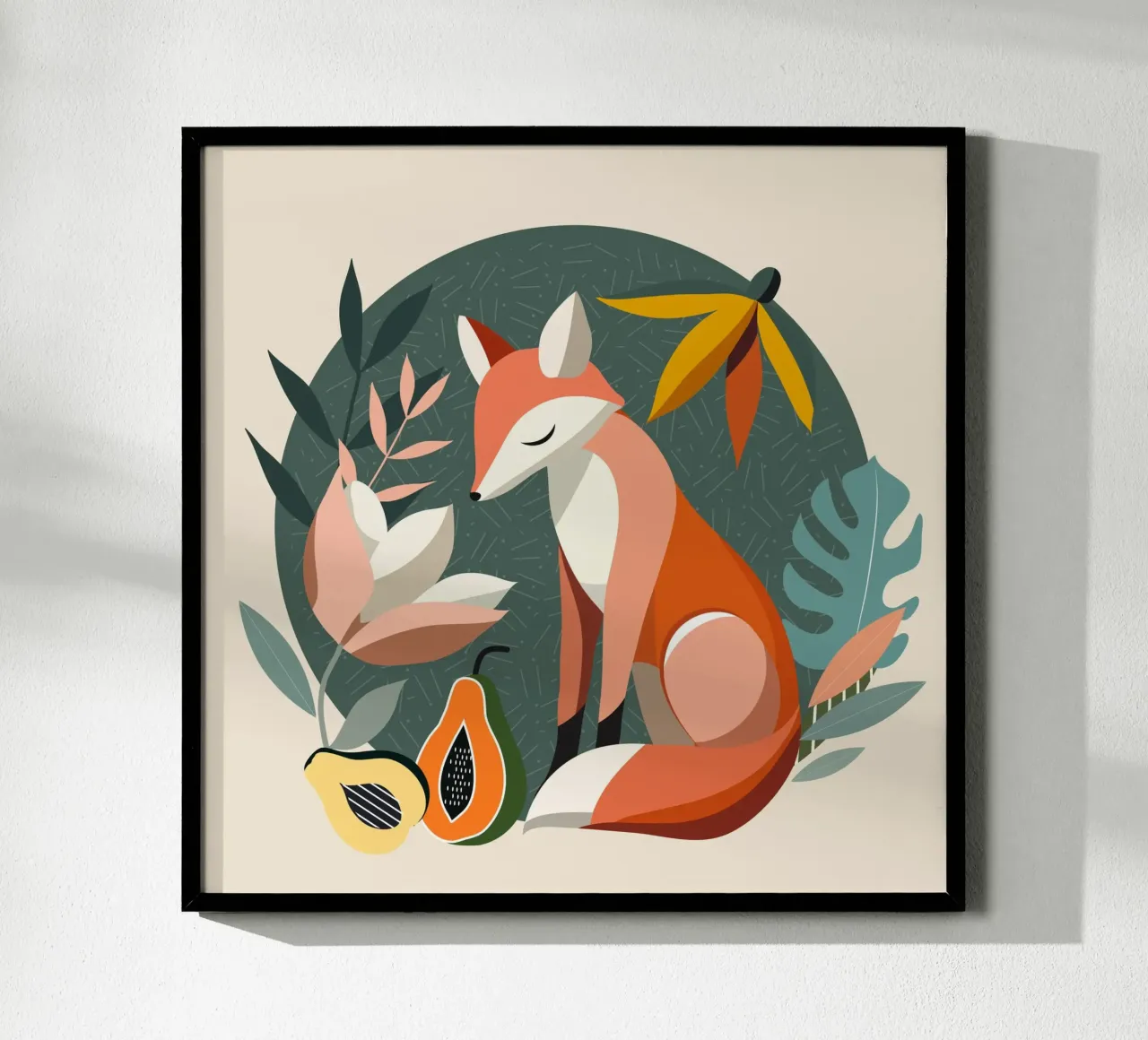 Motivo a volpe con fiori e frutti tropicali poster con telaio in legno da namosh