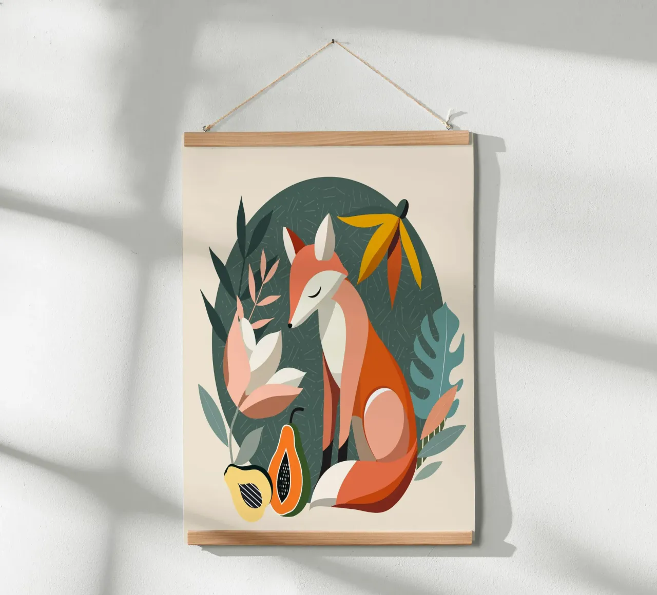 Motivo a volpe con fiori e frutti tropicali poster con telaio in legno da namosh