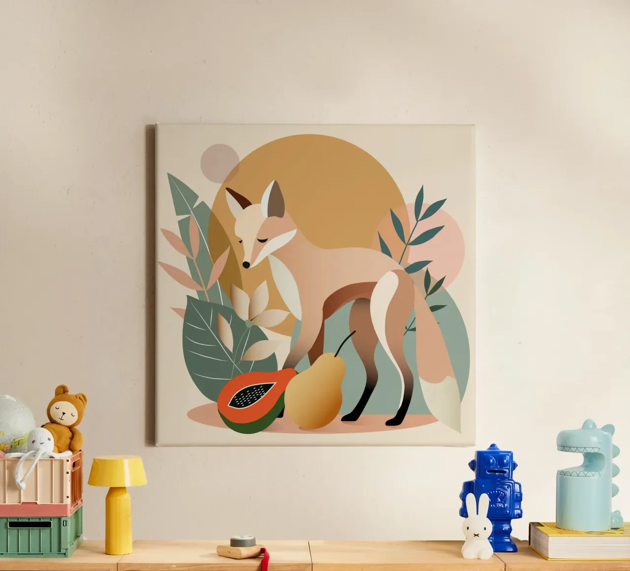 Elegant fox with tropical leaves and fruit canvas with Floater frame by namosh