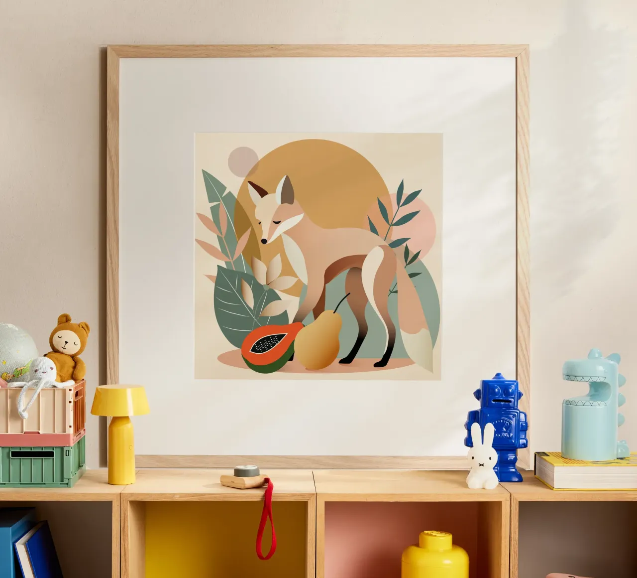 Elegante volpe con foglie e frutti tropicali poster con telaio in legno da namosh