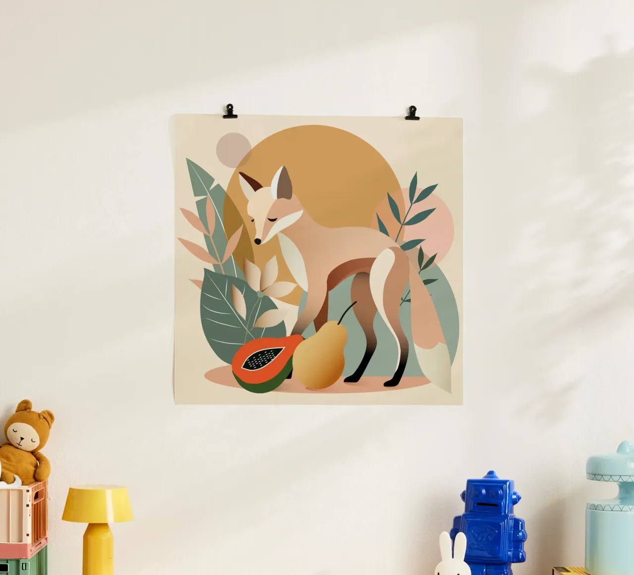 Elegante volpe con foglie e frutti tropicali poster con telaio in legno da namosh