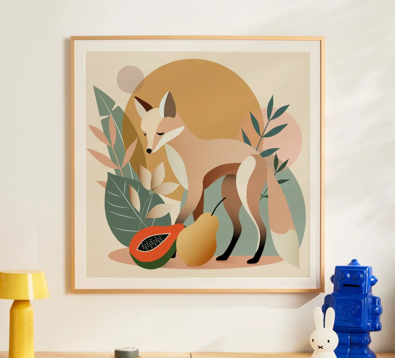 Elegante volpe con foglie e frutti tropicali poster con telaio in legno da namosh
